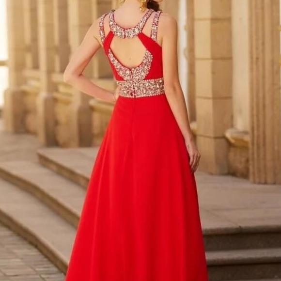 A line red haltered keyhole beaded ruched chiffon prom dress with slit XS/2 - Picture 4 of 17